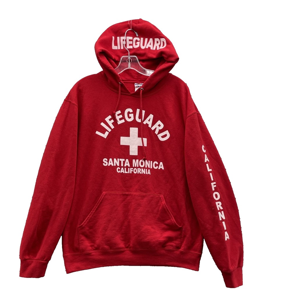 Jerzees Lifeguard Hoodie Men Medium Red Santa Monica Y2K Skate Surf Streetwear